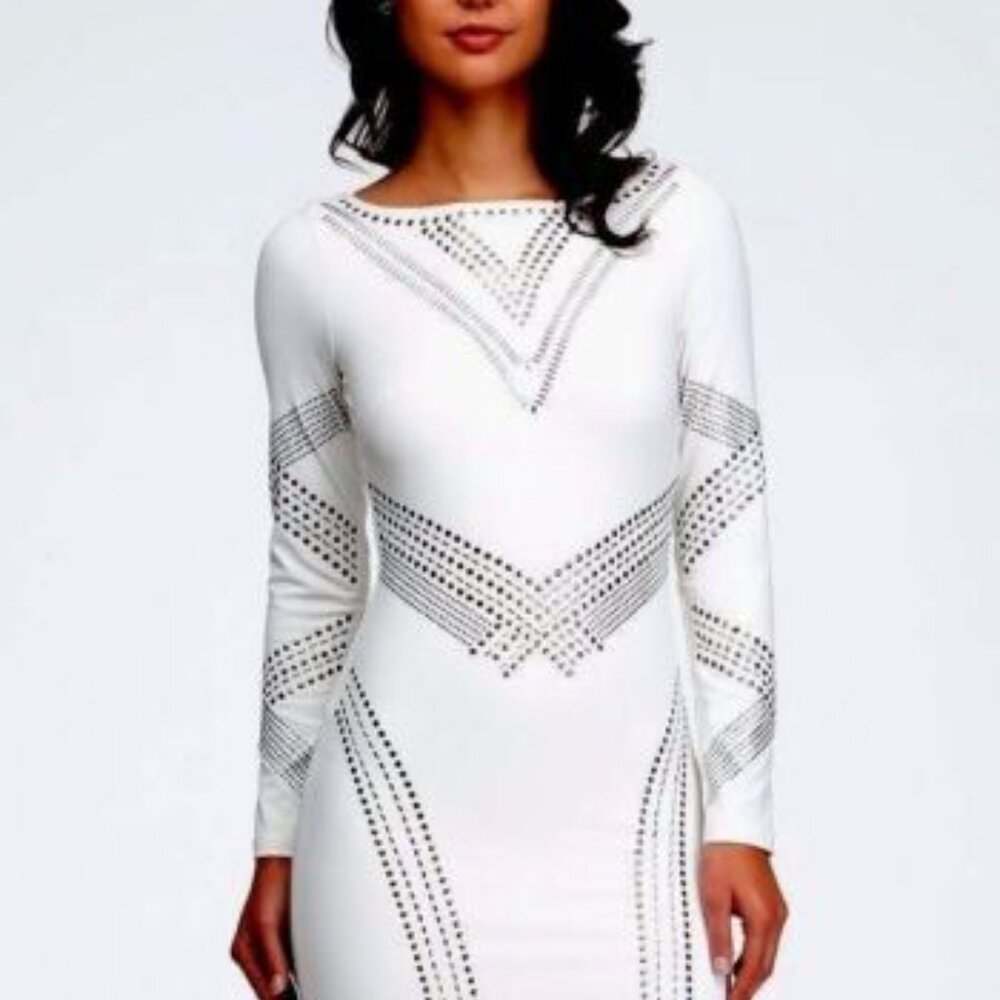 Bebe Bodycon Dress white silver stud long sleeve Wonderland Boatneck m